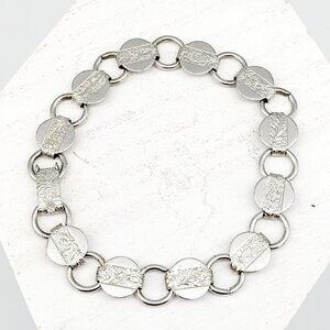 Vintage Sarah Coventry Young 'N Gay Coin Floral Silver Tone Round Link Bracelet